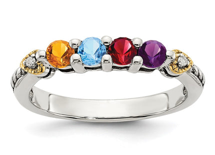 Sterling Silver Antiqued w/14K 4-stone w/Diamond Mother's Semi-Mount Ring