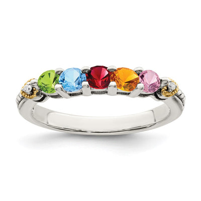 Sterling Silver Antiqued w/14K 5-stone w/Diamond Mother's Semi-Mount Ring