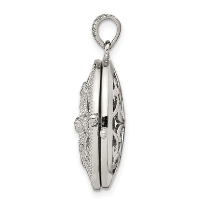 Sterling Silver Rhodium-plated CZ Fancy Filigree Oval Locket
