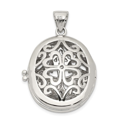 Sterling Silver Rhodium-plated CZ Fancy Filigree Oval Locket