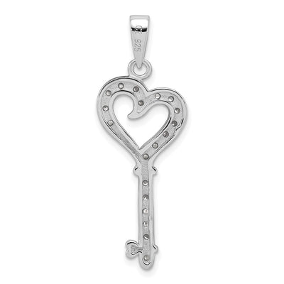 Sterling Silver Rhodium-plated CZ Heart Key Pendant, 39 x 14mm