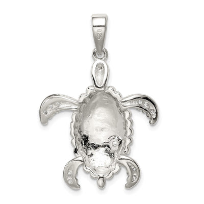 Sterling Silver Rhod-plated Created Blue Opal Inlay/CZ Tortoise Pendant