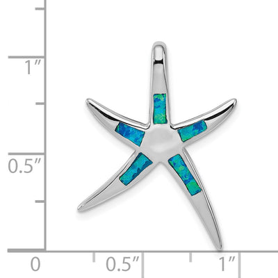 Sterling Silver Rhodium-plated Created Blue Opal Inlay Flat Starfish Slide