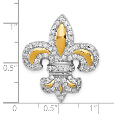 Sterling Silver CZ Fleur de Lis w/ Flash Gold-Plated Chain Slide Pendant