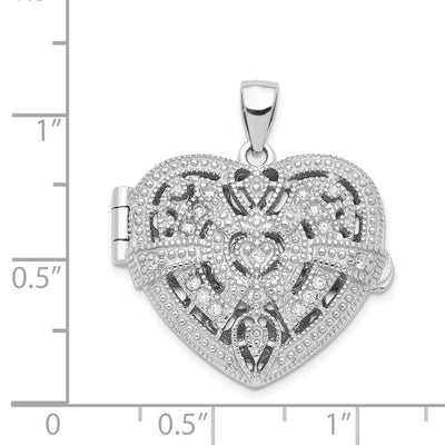 Sterling Silver Rhodium-plated CZ Fancy Design Heart Locket Pendant