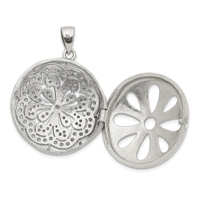 Sterling Silver Rhodium-plated CZ Flower Design Locket Pendant