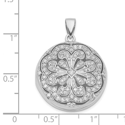 Sterling Silver Rhodium-plated CZ Flower Design Locket Pendant