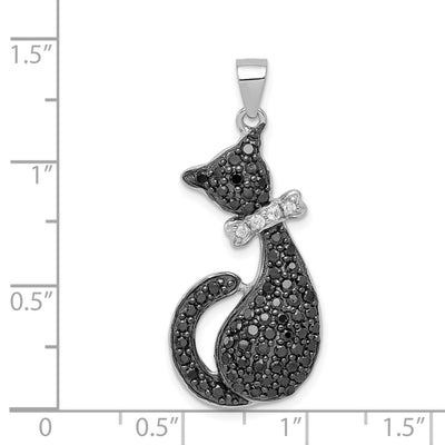 Sterling Silver Rhodium-plated Black & White CZ Cat with Bow Pendant