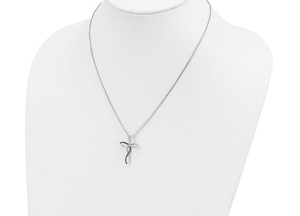 White Night Sterling Silver Rhodium-plated Black and White Diamond Cross Necklace with Extender (Style QP2173)