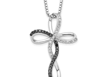 White Night Sterling Silver Rhodium-plated Black and White Diamond Cross Necklace with Extender (Style QP2173)