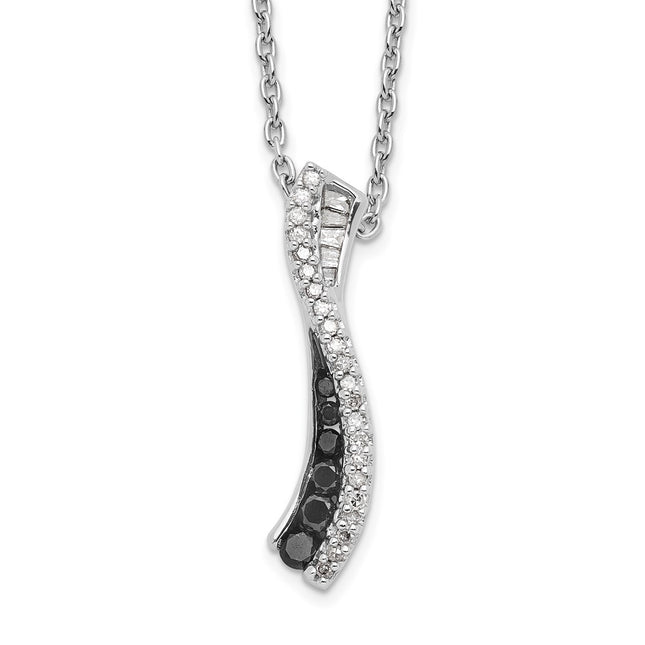 White Night Sterling Silver Rhodium-plated Black and White Diamond Necklace with Extender, 18 x 5mm