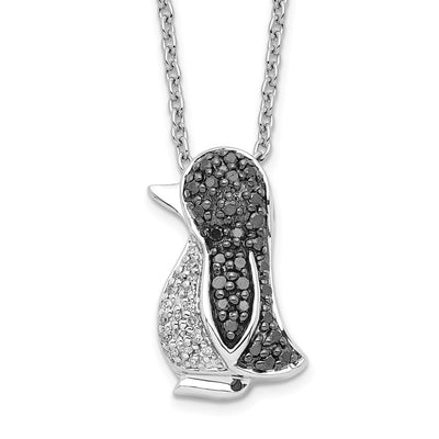 White Night Sterling Silver Rhodium-plated Black and White Diamond Penguin Necklace with Extender