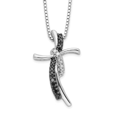 White Night Sterling Silver Rhodium-plated Black and White Diamond Cross Necklace with Extender, 18 x 16mm
