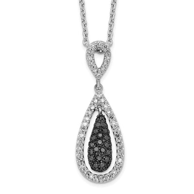 White Night Sterling Silver Rhodium-plated Black and White Diamond Double Teardrop Necklace with Extender