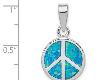Sterling Silver Rhodium-plated Blue Inlay Created Opal Peace Sign Pendant (Style QP2746)