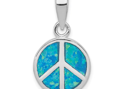 Sterling Silver Rhodium-plated Blue Inlay Created Opal Peace Sign Pendant (Style QP2746)