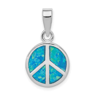 Sterling Silver Rhodium-plated Blue Inlay Created Opal Peace Sign Pendant (Style QP2746)