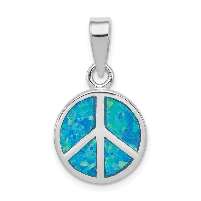 Sterling Silver Rhodium-plated Blue Inlay Created Opal Peace Sign Pendant, 18 x 14mm