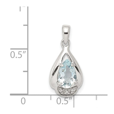 Sterling Silver Rhodium-plated Diamond and Aquamarine Pendant, 20 x 10mm