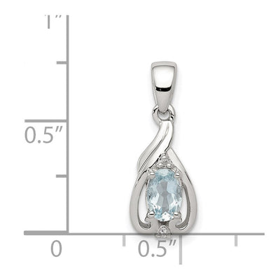 Sterling Silver Rhodium Plated Dia. & Aquamarine Oval Pendant, 21 x 8mm