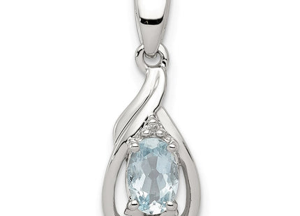 Sterling Silver Rhodium Plated Dia. & Aquamarine Oval Pendant (Style QP2982AQ)