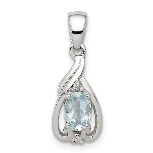 Sterling Silver Rhodium Plated Dia. & Aquamarine Oval Pendant, 21 x 8mm