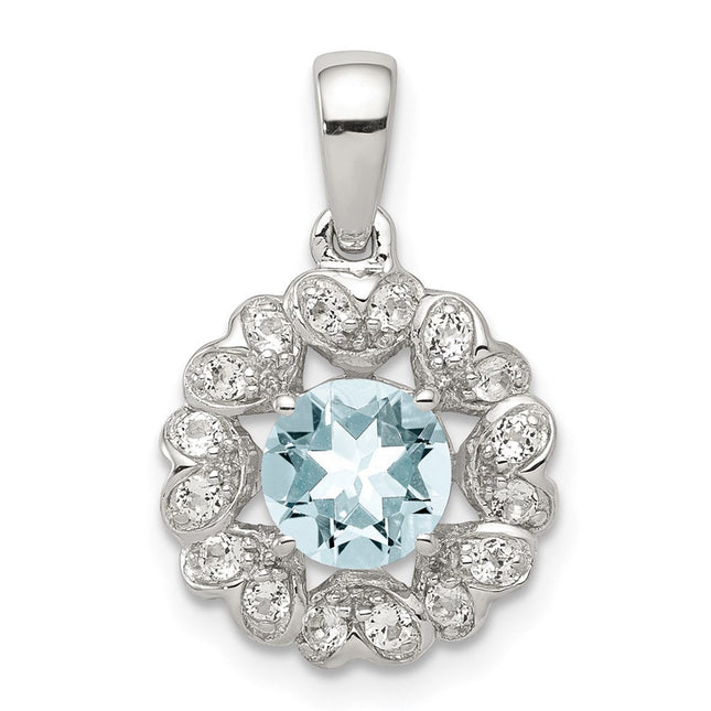 Sterling Silver Rhodium Plated White Topaz & Aquamarine Pendant, 20 x 13mm