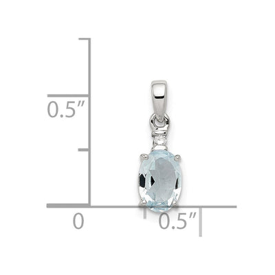 Sterling Silver Rhodium Plated Diamond Aquamarine Oval Pendant, 15 x 5mm