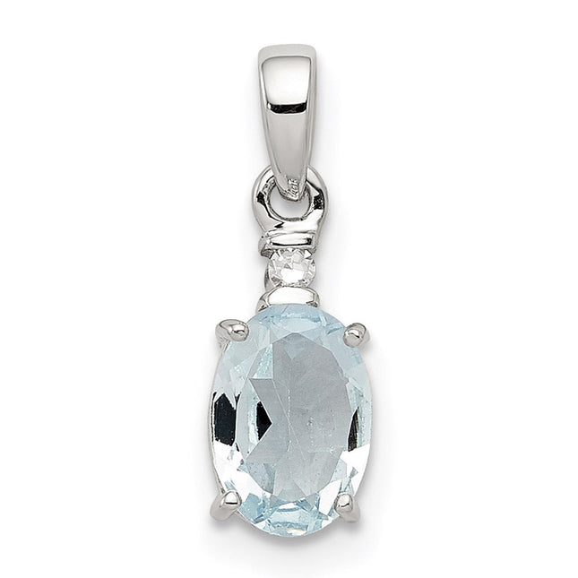 Sterling Silver Rhodium Plated Diamond Aquamarine Oval Pendant, 15 x 5mm