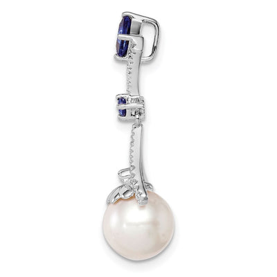Sterling Silver Rhod Plated Dia. Created Sapphire FW Cultured Pearl Pendant