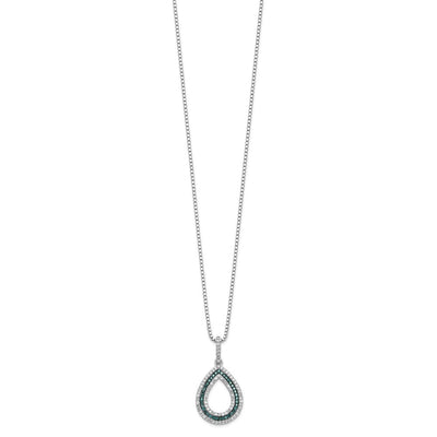 White Night Sterling Silver Rhodium-plated Blue and White Diamond Teardrop Necklace with Extender, 18 x 14.5mm