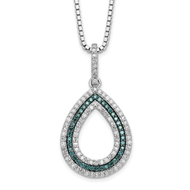 White Night Sterling Silver Rhodium-plated Blue and White Diamond Teardrop Necklace with Extender, 18 x 14.5mm