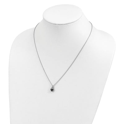White Night Sterling Silver Rhodium-plated White and Black Diamond Heart Necklace with Extender, 18 x 8.5mm