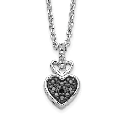 White Night Sterling Silver Rhodium-plated White and Black Diamond Heart Necklace with Extender, 18 x 8.5mm