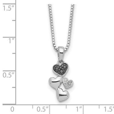 White Night Sterling Silver Rhodium-plated White and Black Diamond Heart Necklace with Extender, 18 x 9mm