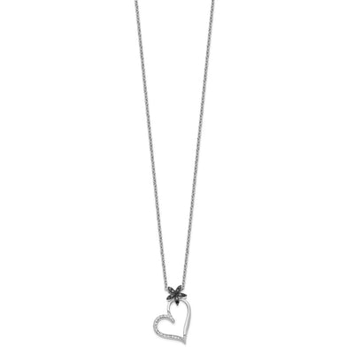 White Night Sterling Silver Rhodium-plated Black and White Diamond Heart with Flower Necklace with Extender