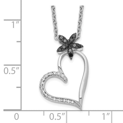 White Night Sterling Silver Rhodium-plated Black and White Diamond Heart with Flower Necklace with Extender
