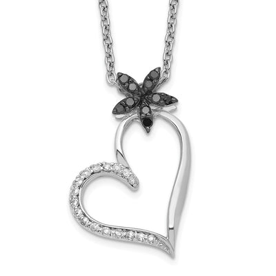 White Night Sterling Silver Rhodium-plated Black and White Diamond Heart with Flower Necklace with Extender