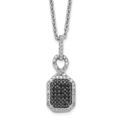 White Night Sterling Silver Rhodium-plated Black and White Diamond Rectangle Pendant Necklace with Extender