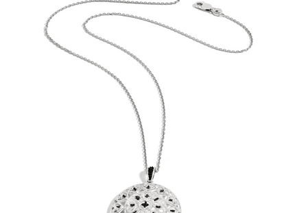 White Night Sterling Silver Rhodium-plated Black Diamond Circle Pendant Necklace with Extender
