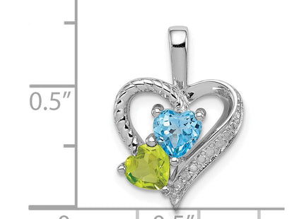 Sterling Silver Rhodium-plated Blue Topaz Peridot Diamond Pendant (Style QP3857)