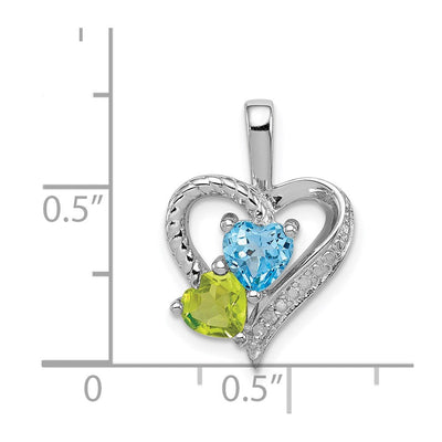 Sterling Silver Rhodium-plated Blue Topaz Peridot Diamond Pendant, 20 x 15mm