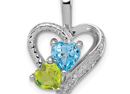 Sterling Silver Rhodium-plated Blue Topaz Peridot Diamond Pendant (Style QP3857)