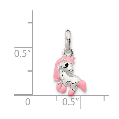 Sterling Silver Polished Pink & Black Enameled Pony Children's Pendant