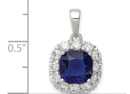 Sterling Silver Rhodium-plated CZ and Blue Glass Pendant (Style QP4193)