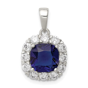 Sterling Silver Rhodium-plated CZ and Blue Glass Pendant (Style QP4193)