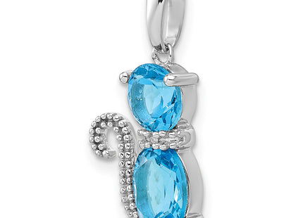 Sterling Silver Rhodium-plated Blue Topaz and Diamond Cat Pendant