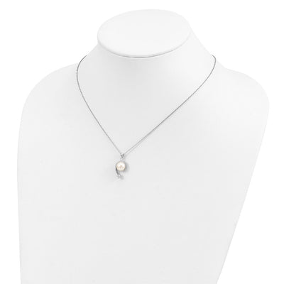 Sterling Silver Rhodium-plated White Button Freshwater Cultured Pearl and CZ Necklace, 17 x 12mm