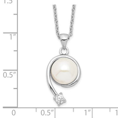 Sterling Silver Rhodium-plated White Button Freshwater Cultured Pearl and CZ Necklace, 17 x 12mm