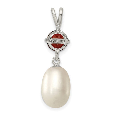 Sterling Silver Rhodium-plated White Teardrop Freshwater Cultured Pearl and 1.00GA Garnet Pendant